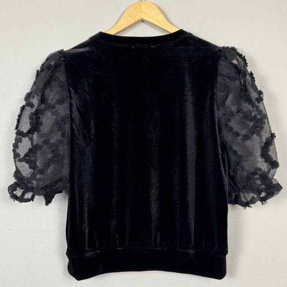 THML Women's Black Velvet Puff Sleeve Top Sheer Crewneck Size L Holiday Work - Picture 2 of 8